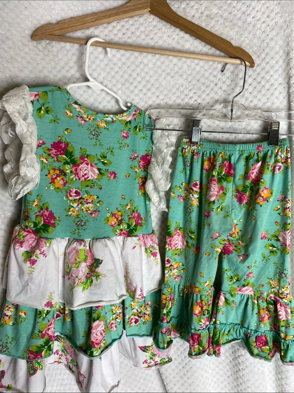 Trish Scully Child Floral Ruffle Capri Set with Lace Sleeves